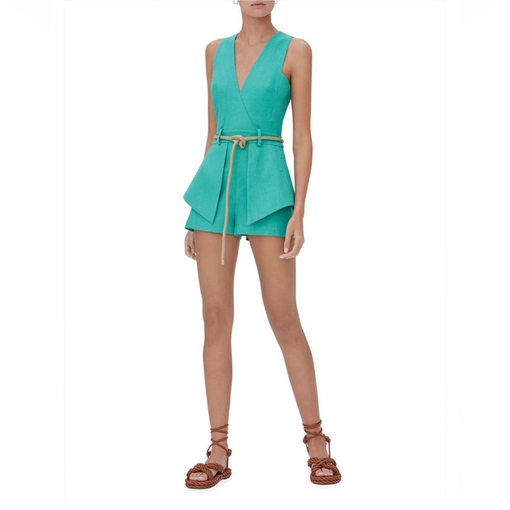 ALEXIS Darby Belted Crepe Peplum Romper In Green M